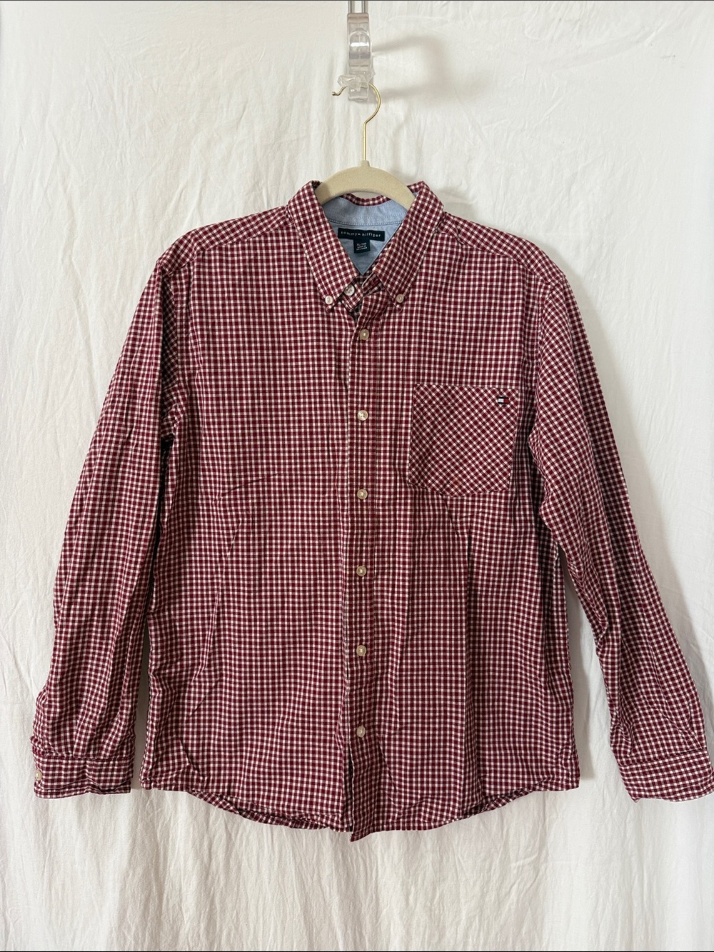 Tommy Hilfiger Men's Burgundy and White Gingham Button-Down Shirt